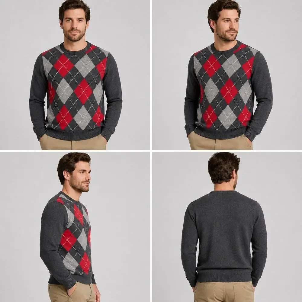 Jos A Bank Mens L Lambswool Blend Argyle Sweater Gray Red Crewneck